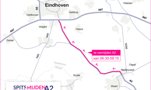 Afbeelding van kaart tussen Eindhoven en Weert met het logo Spitsmijden