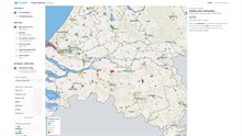 Overzicht van alle bedrijventerreinen in Nederland (hier ingezoomd op Zuid-Nederland), gekleurd op een gekozen indicator, in dit geval de afstand tot een treinstation.